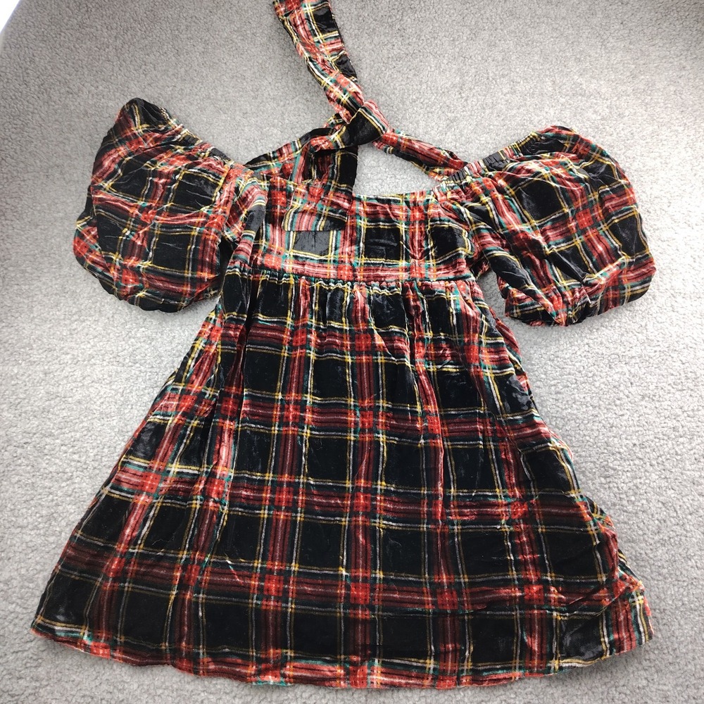 Francesca's Tunic Blouse Velvet Plaid Red Plaid Sz Medium Lined Academia‎ NWT